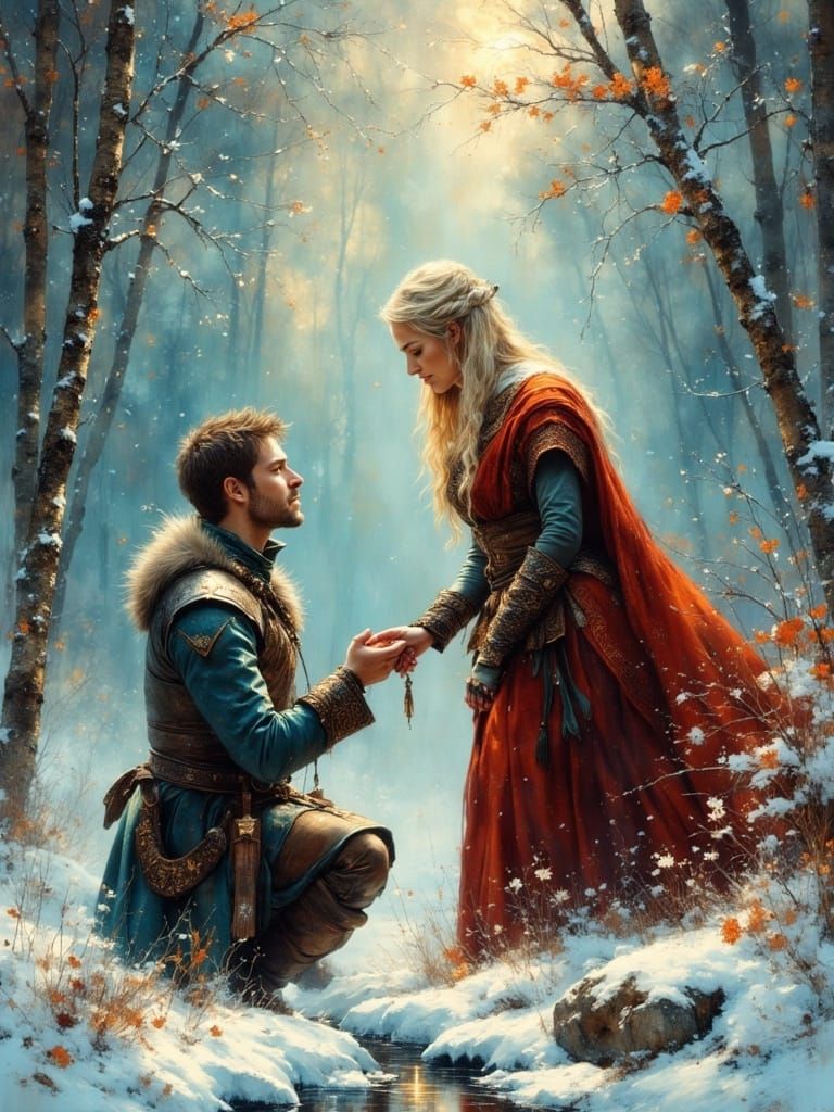 Viking Warrior Proposes to Maiden in Icy Nordic Landscape