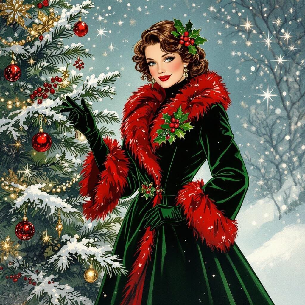 Glamorous Woman by Christmas Tree in Whimsical Art Style