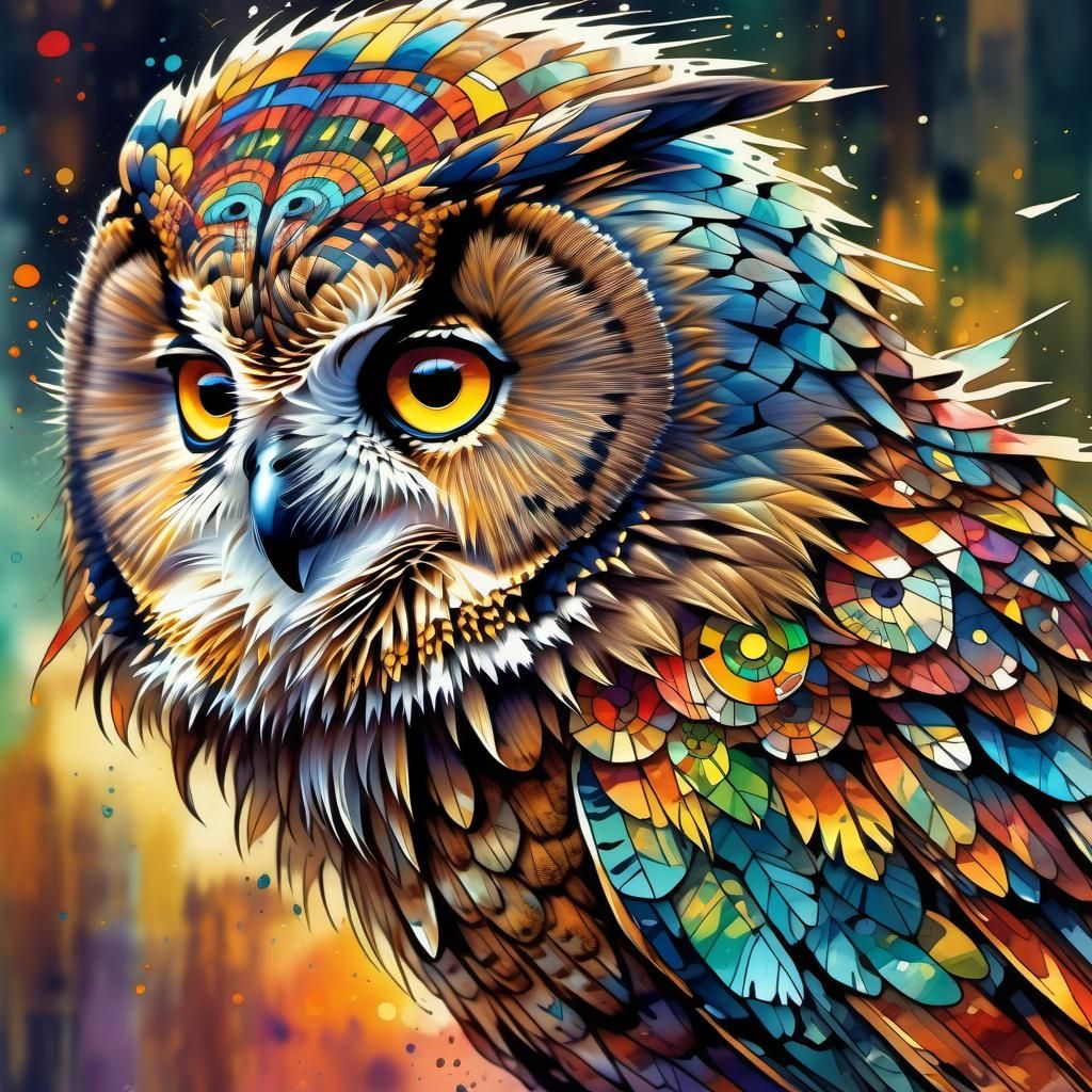 Colorful Owl Portrait in Digital Watercolor Style