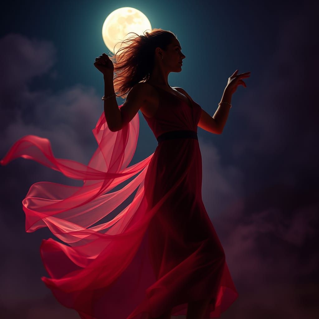 Elegant Woman Dancing Under Full Moon in Ethereal Style