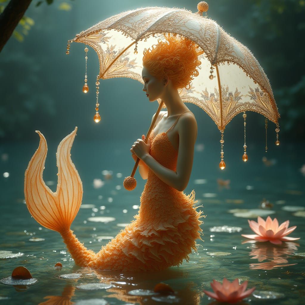 Mermaid creature
translucent with petals and crystals,