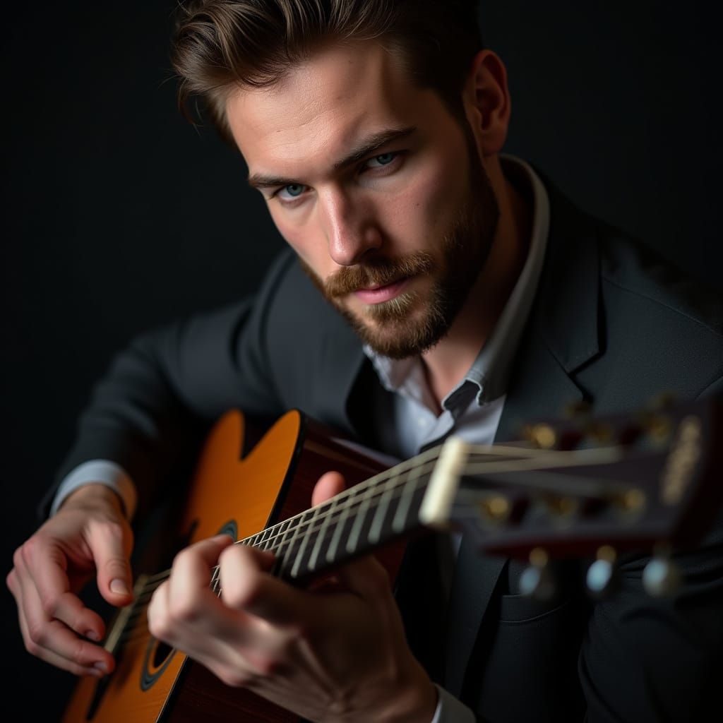 Handsome Musician in Rapt Concentration, Playing Classical G...