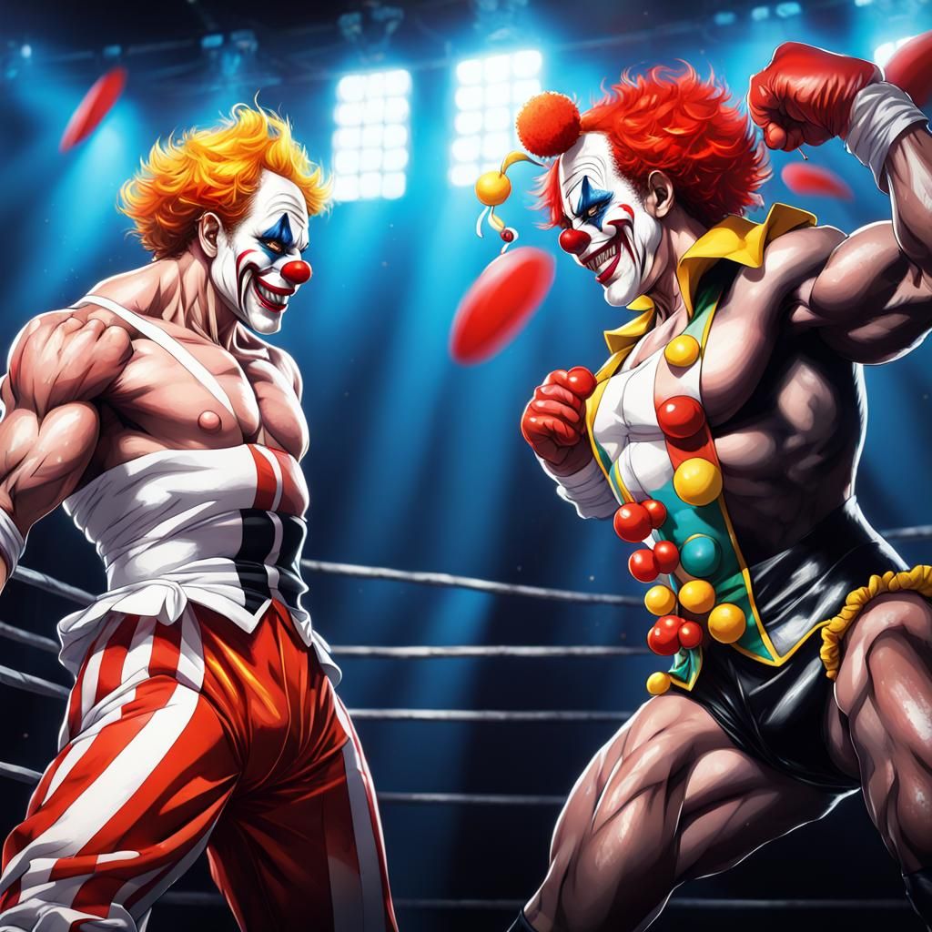 Epic Wrestling Match: Clown vs. Mime in Anime Style