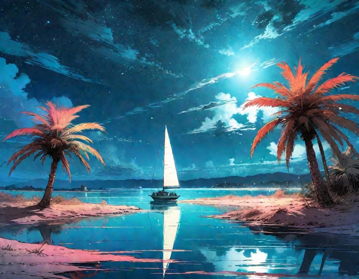 Enchanted Palm Lagoon at Night in Manga Style