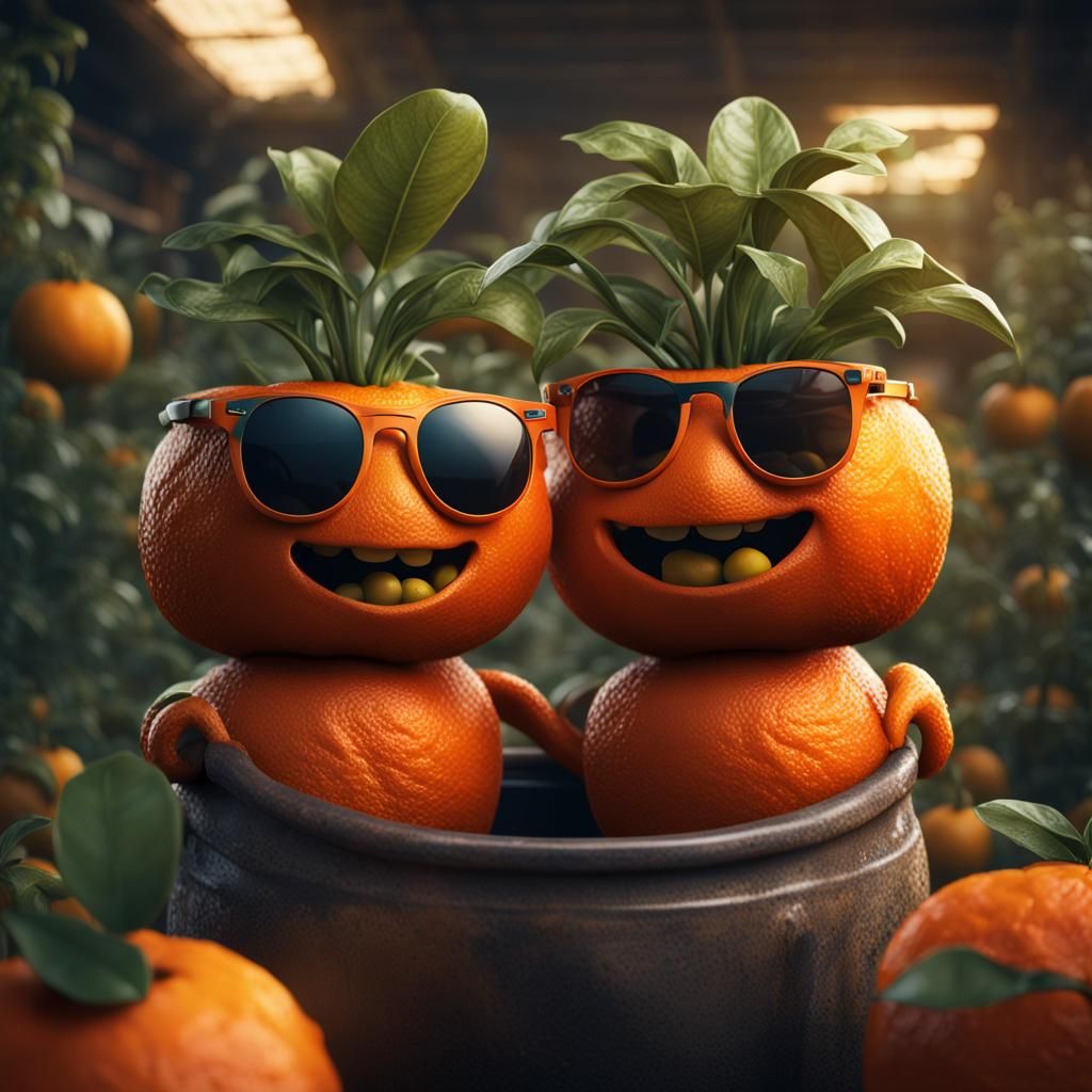 Anthropomorphic Tangerine Twins in a Pot