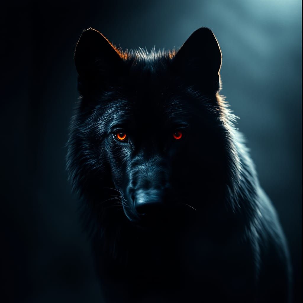 Majestic Black Wolf with Red Eyes: Cinematic Film Still