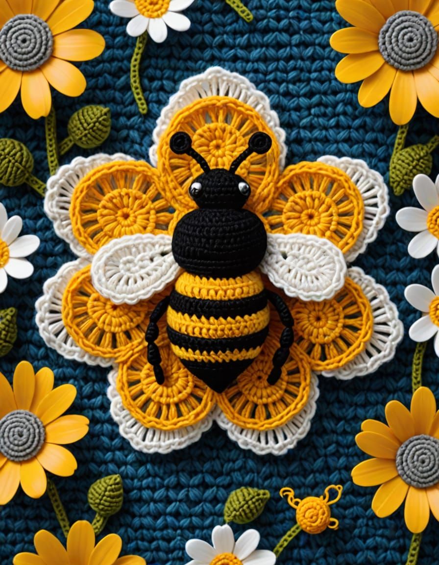 Vibrant Crochet Bee on a Colorful Floral Bloom