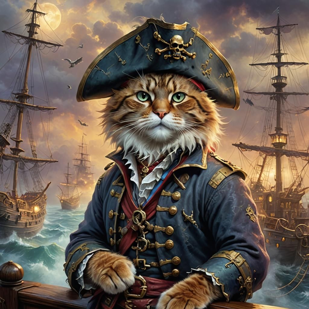 Cat Pirate Sailing to Treasure Islands