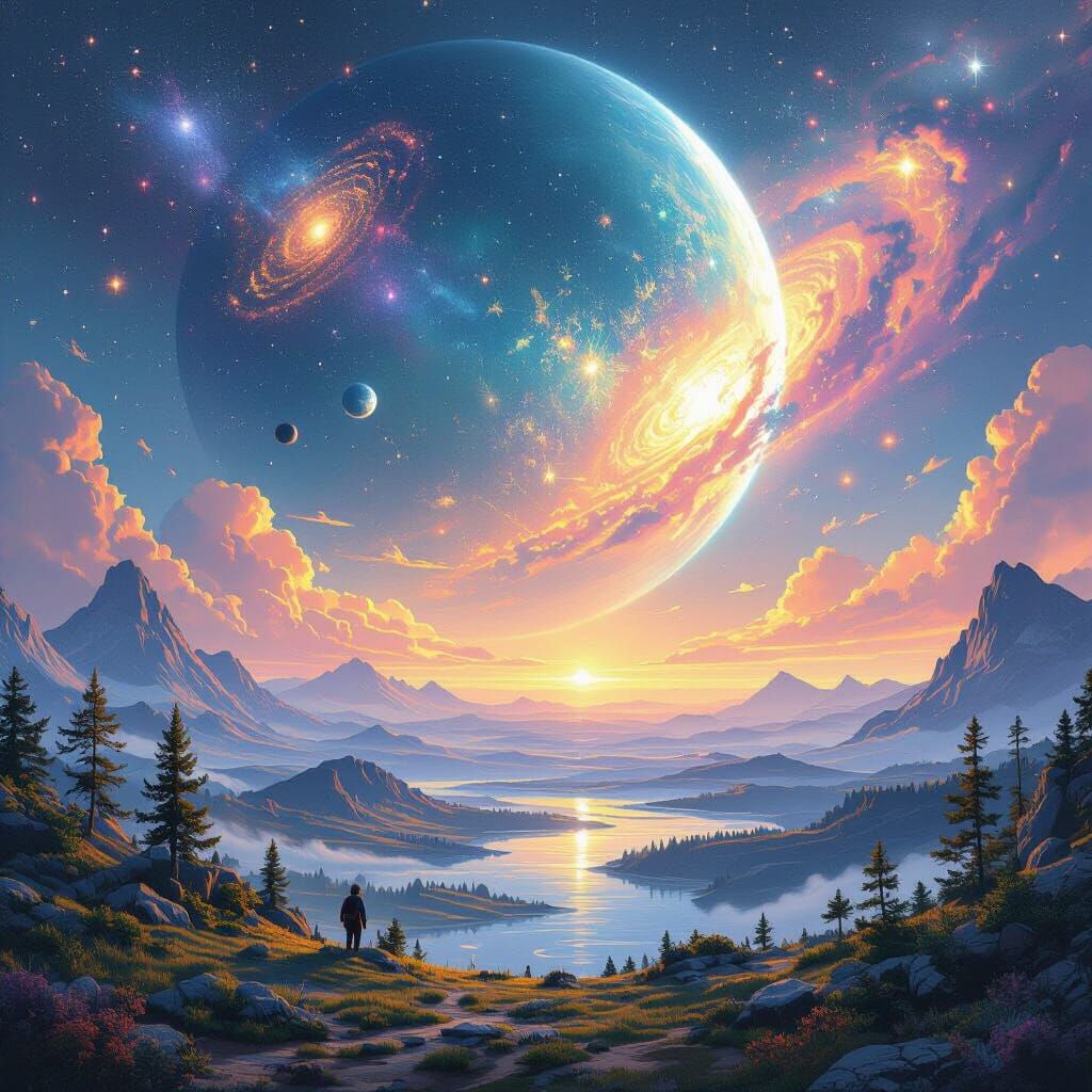 Vibrant Planet Amidst Galaxies in Sci-Fi Style