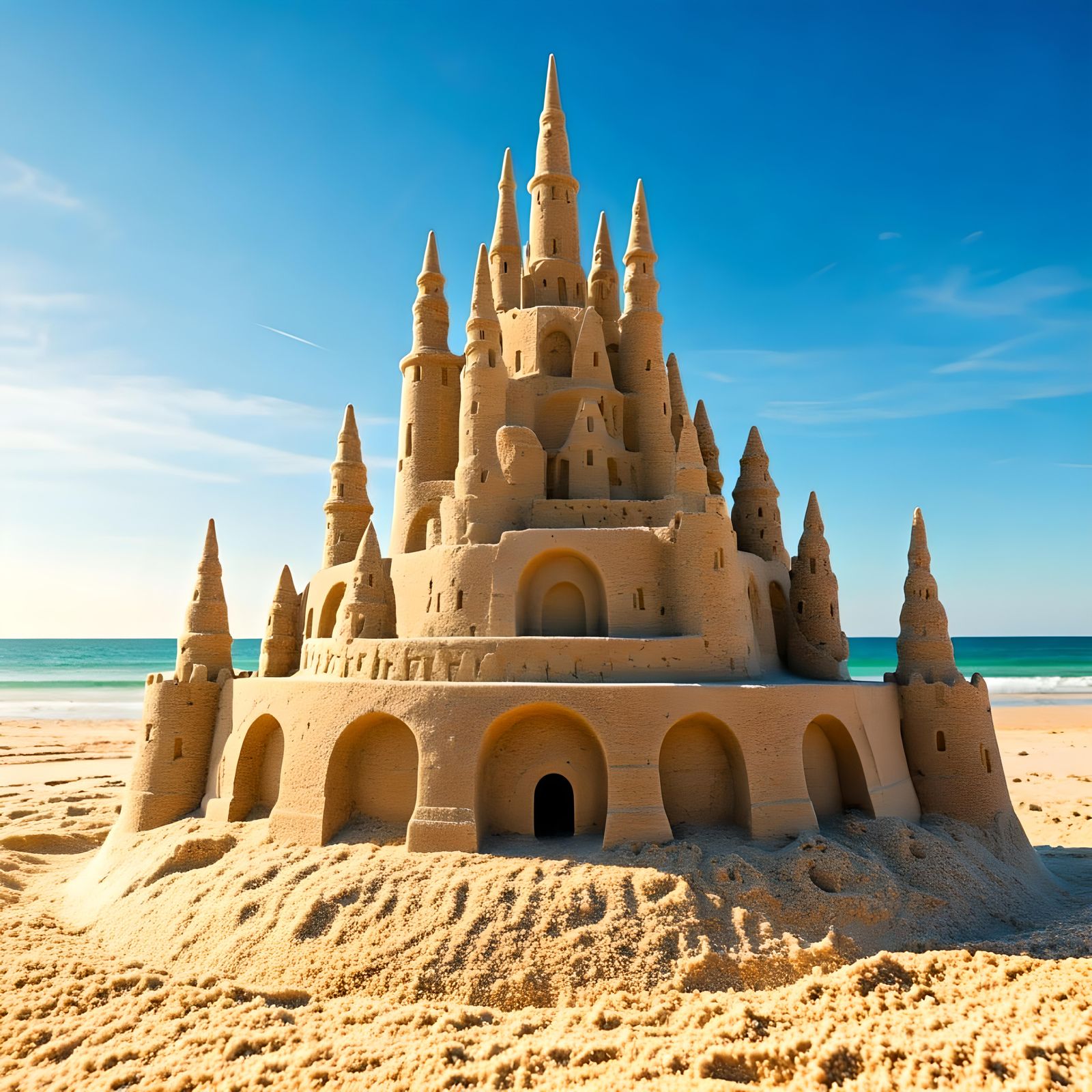 Striped Sandcastle on Beautiful Beach: AI Masterpiece