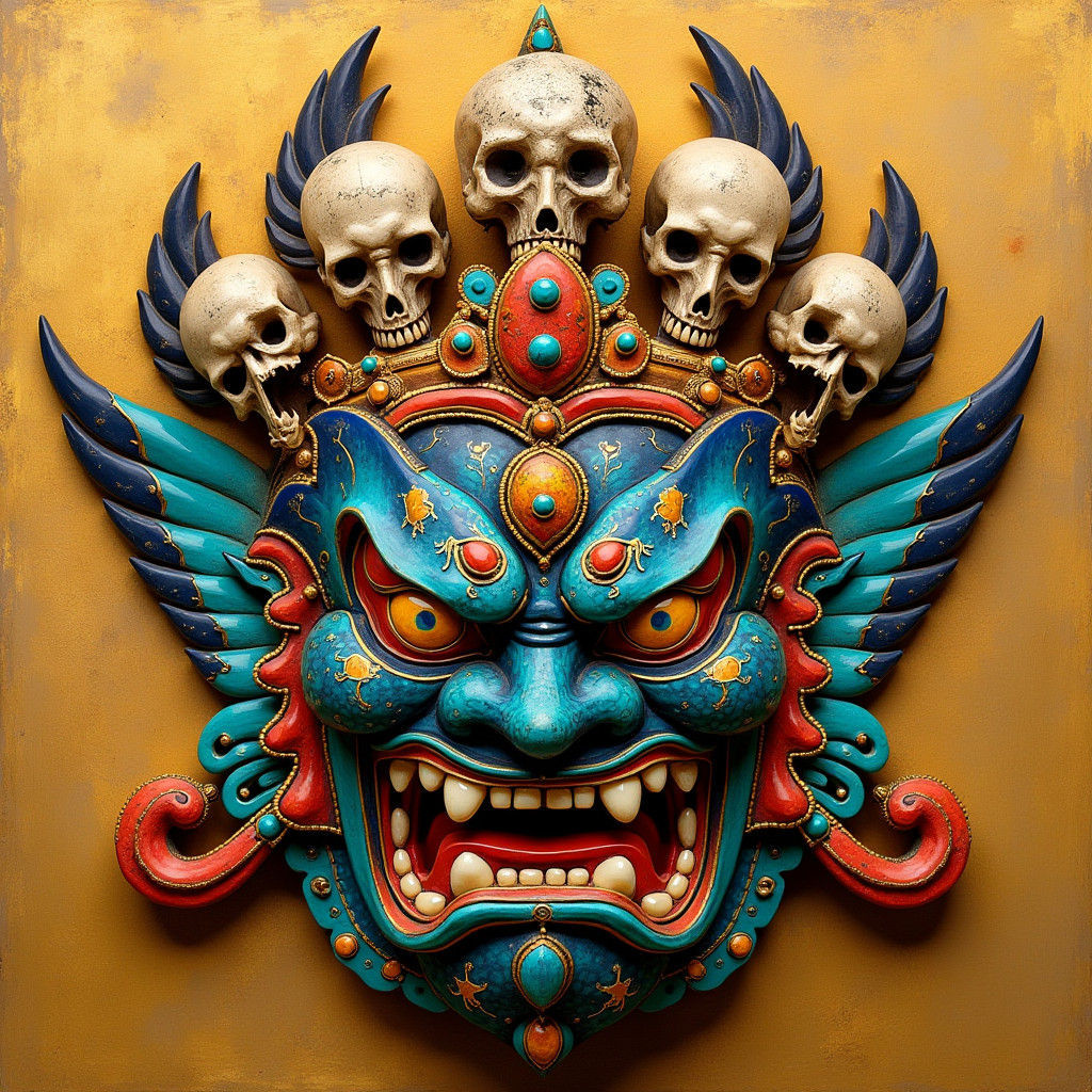 Tibetan Mahakala Mask in Intricate Golden Ornamentation