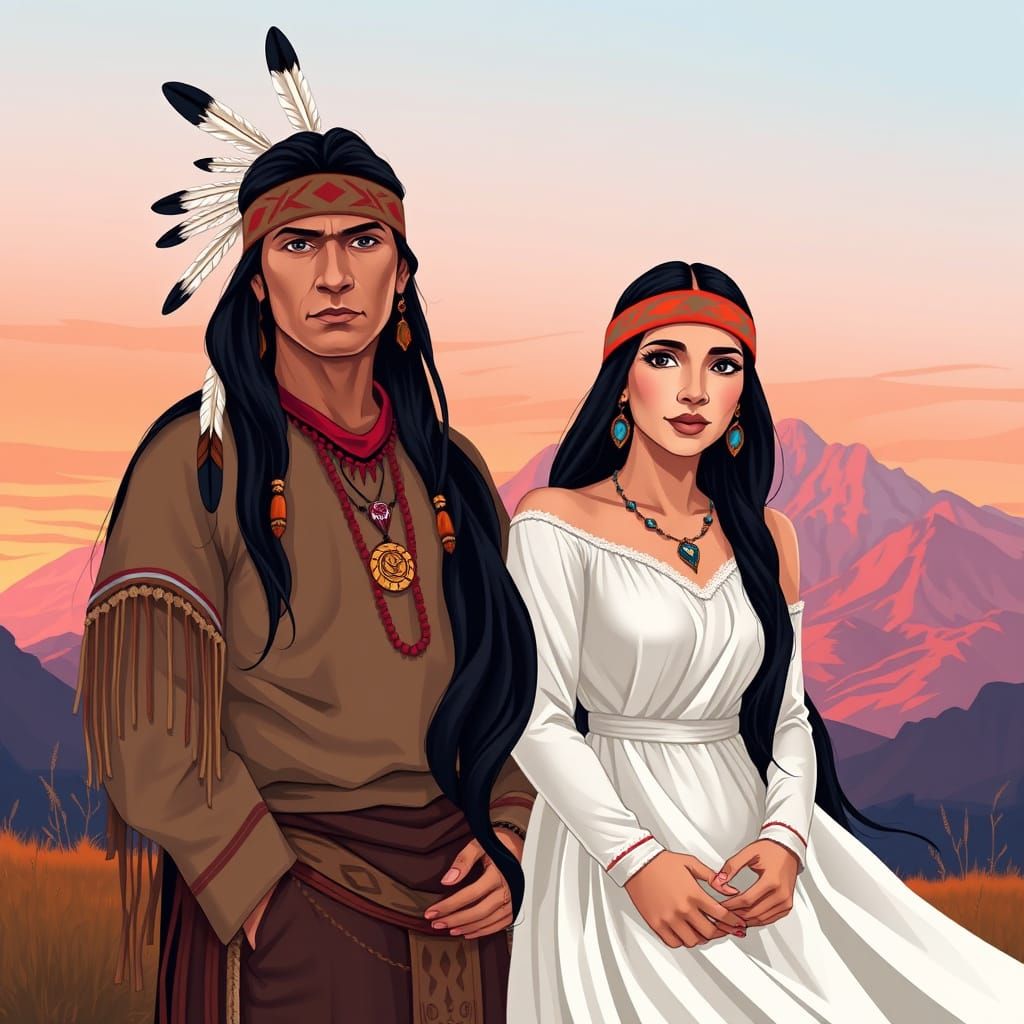 Native American Couple in Harmony with Majestic Landscape