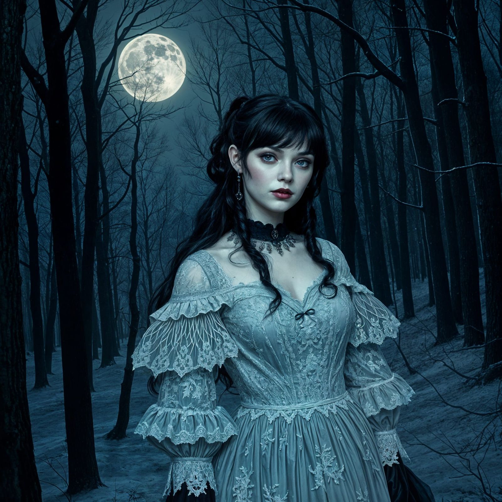 Gothic Woman in Snowy Forest, Victorian Art Style