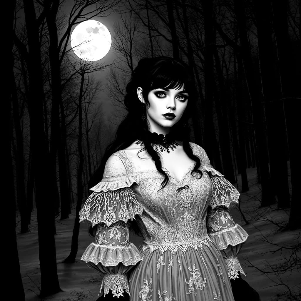 Gothic Woman in Snowy Forest at Midnight