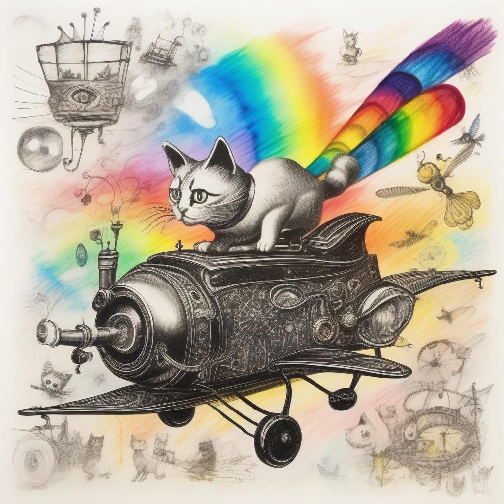 Steampunk Cats Flying: Surreal Crayon Drawing