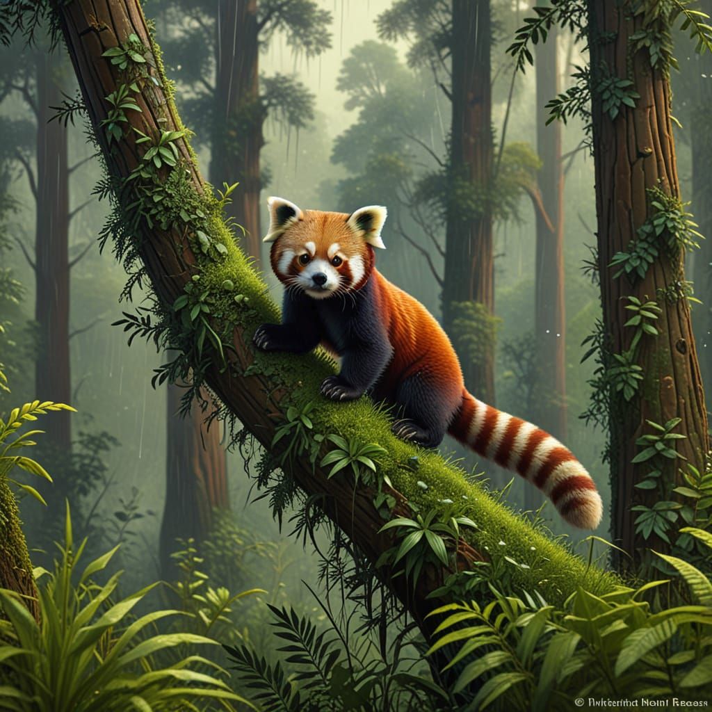 Red Panda Climbs Giant Sequoia in Lush Rainforest
