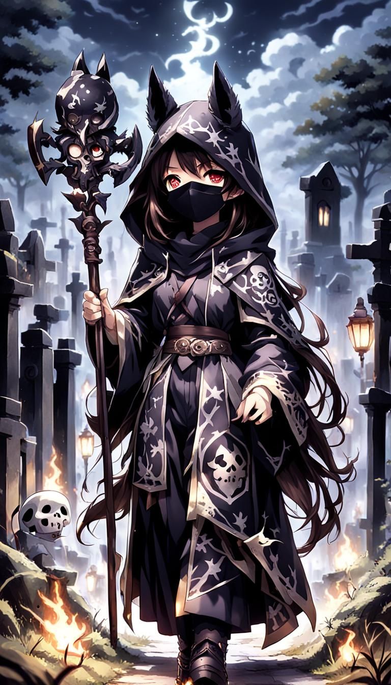 Chibi Necromancer Dog at Graveyard, Anime Style