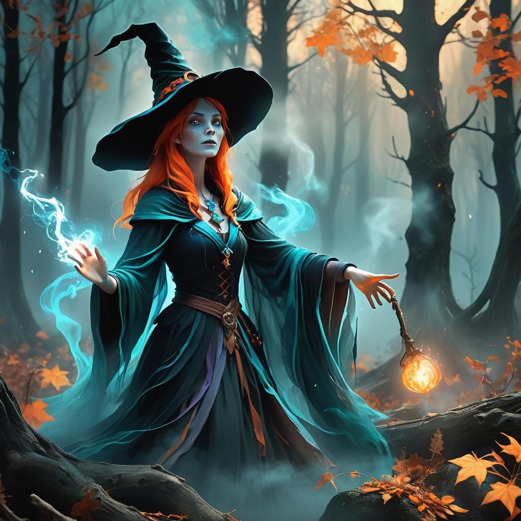 Mystical Witchcraft in Autumnal Forest, Unreal Engine Style