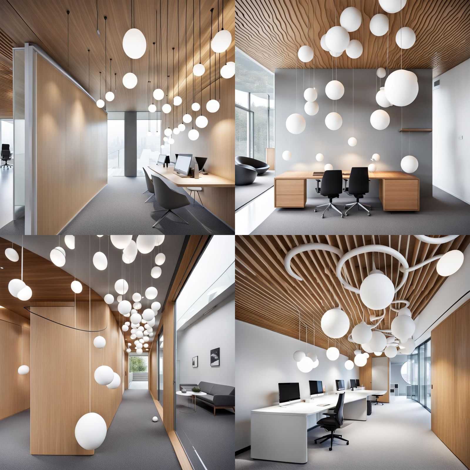 Modern Office with Floating White Spheres