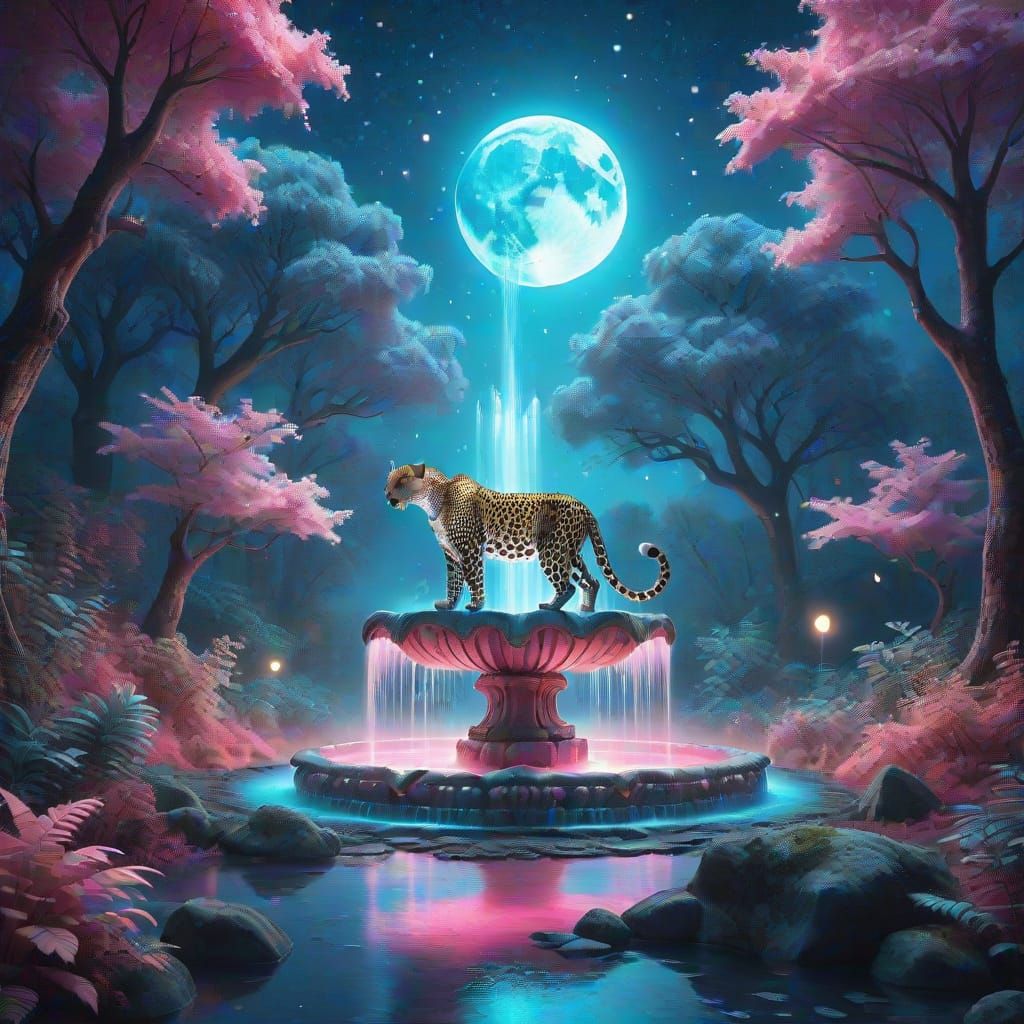 Leopard Fountain in Magical Forest: Digital Fantasy Art