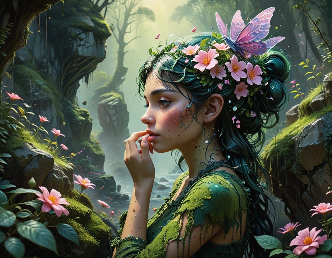 Ancient Fairy Rock Face with Girl Holding Flowers