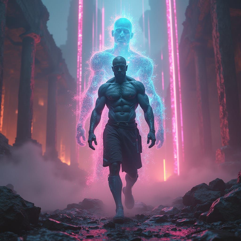 Futuristic Warrior in Time Rift Transforms with Blazing Neon