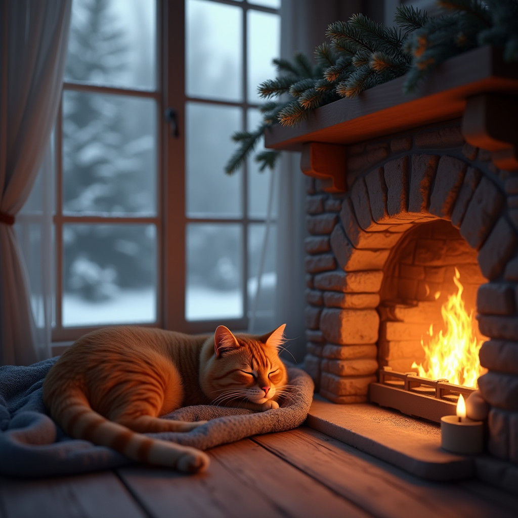 Cozy Winter Scene with Ginger Cat and Fireplace
