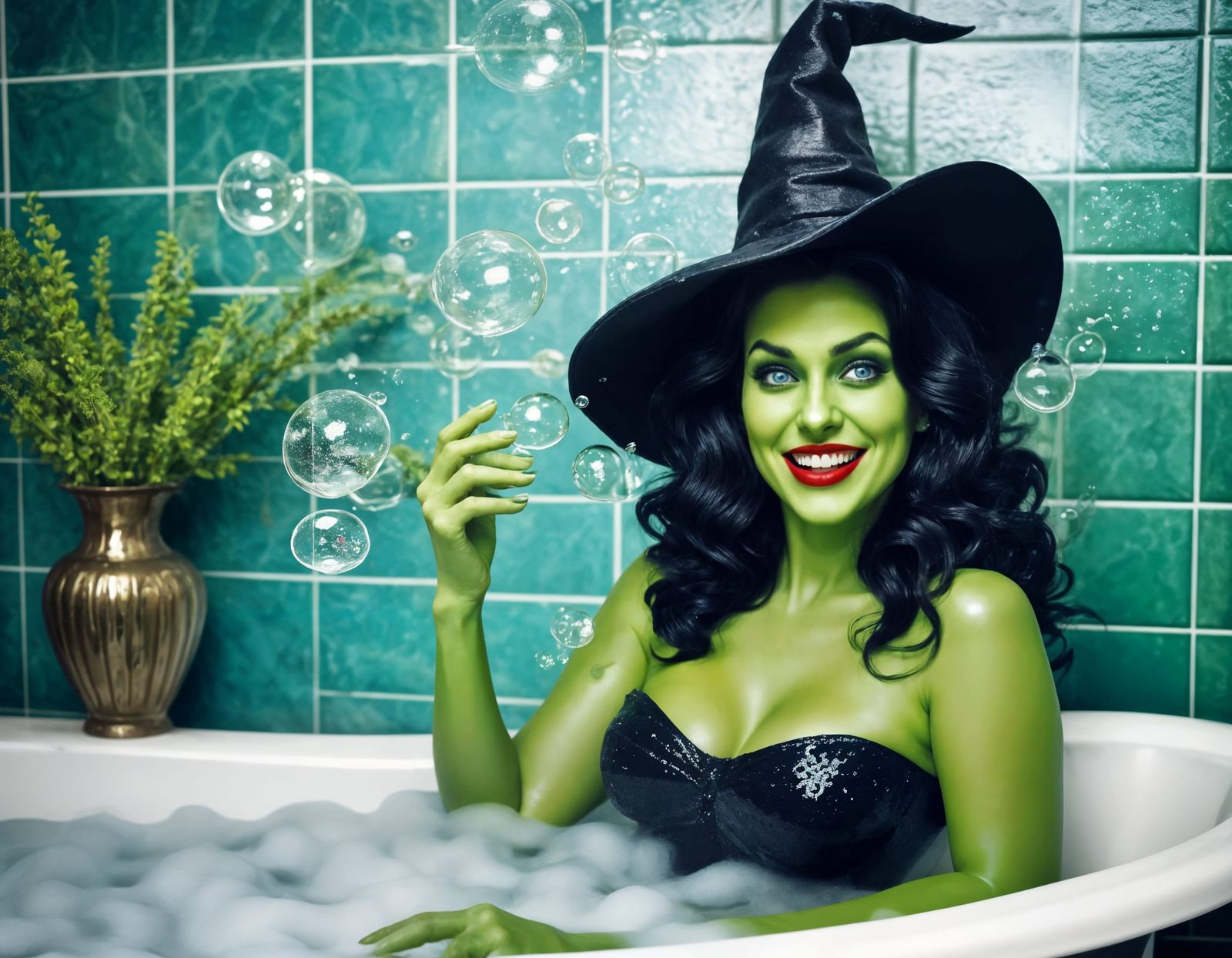 Wicked Witch's Relaxing Bubble Bath in Elvgren Style