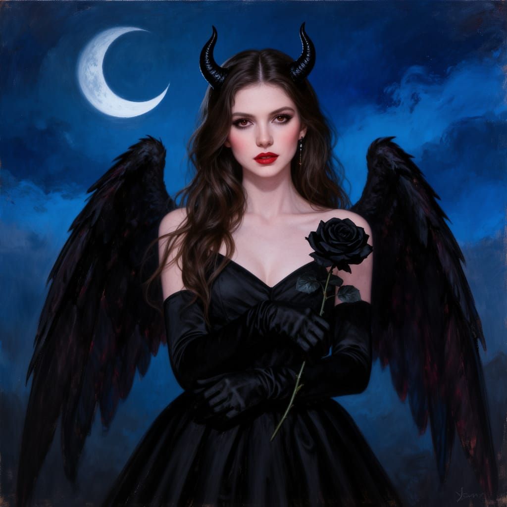 Gothic Vampire Woman with Dark Wings and Rose