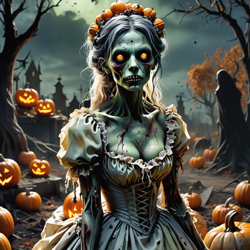 Victorian Zombie Bride in Haunted Pumpkin Patch