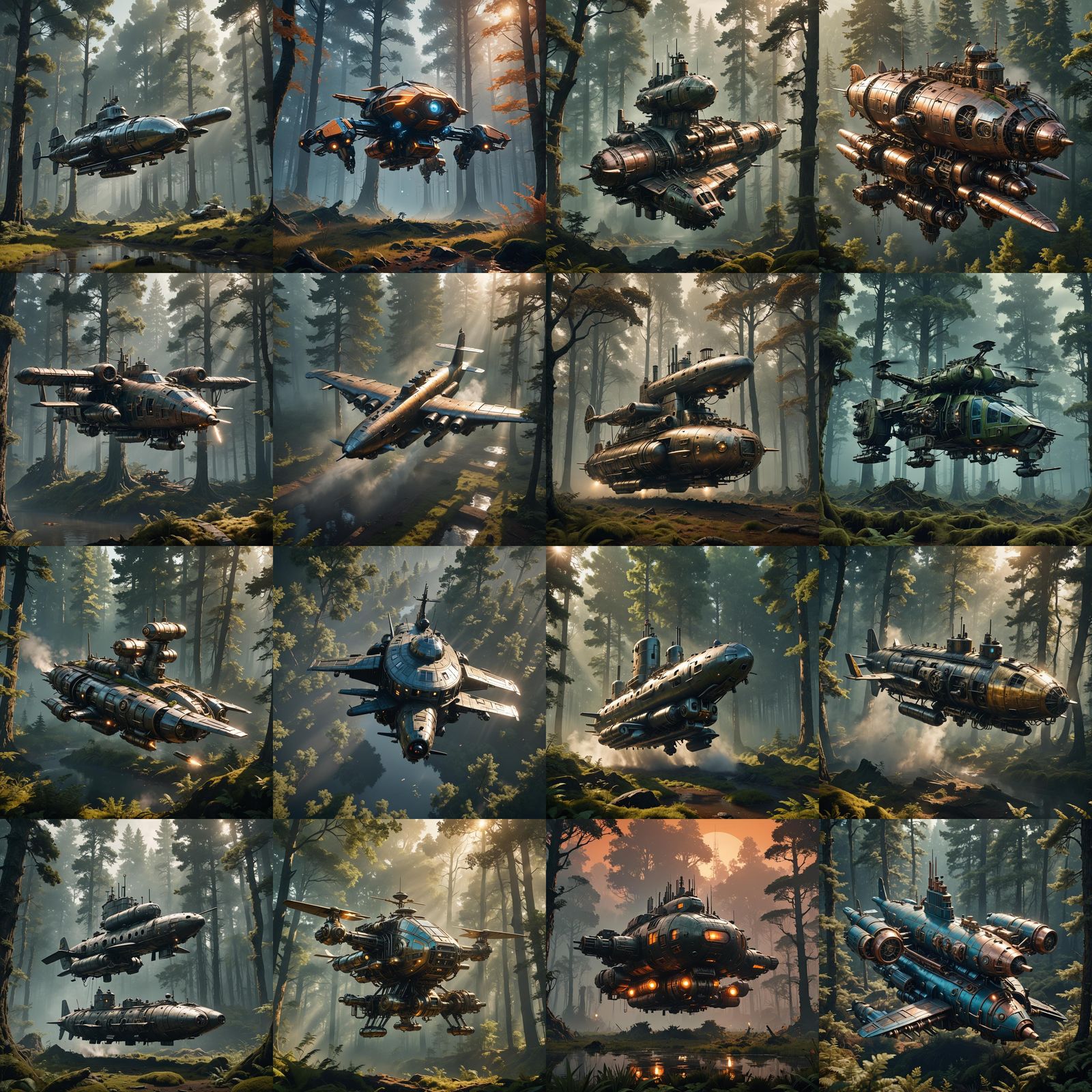 Diesel-punk Flying Craft in Forest Clearing