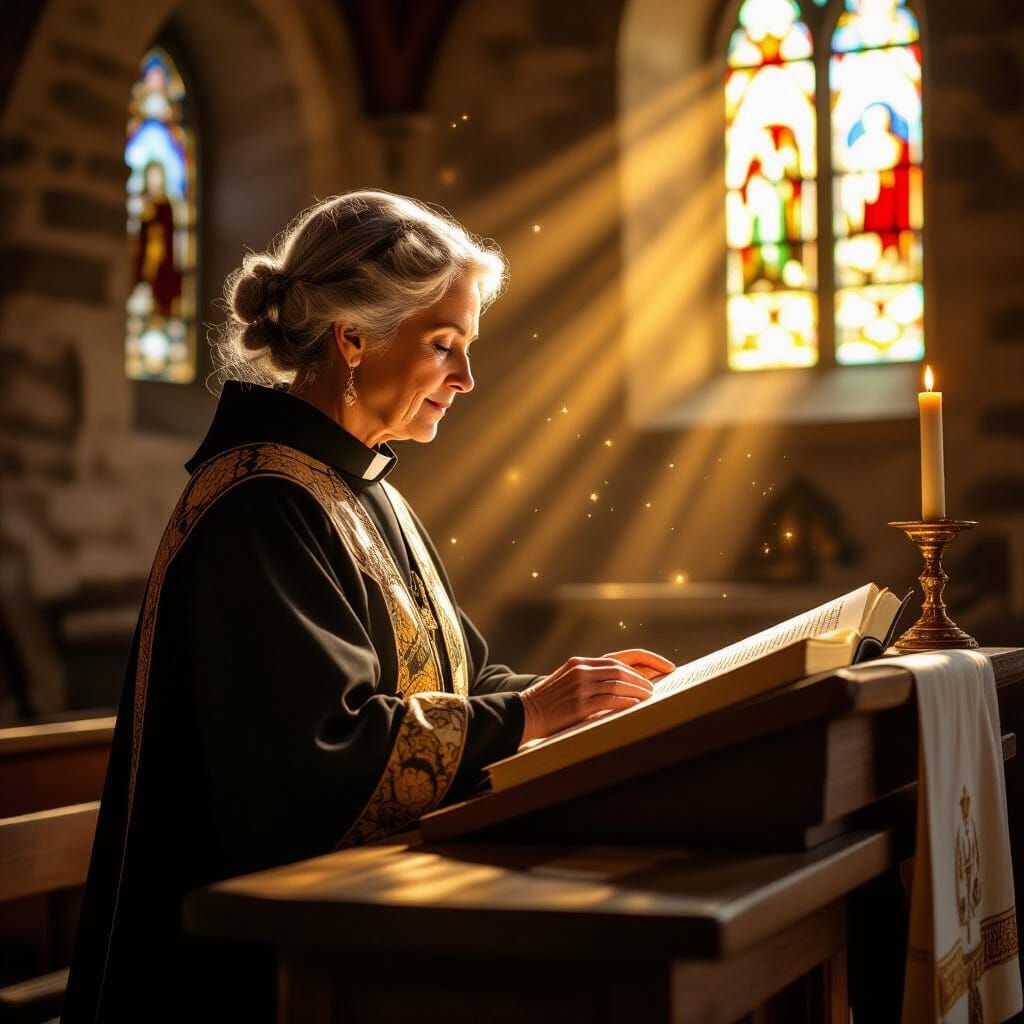 Elderly Priest Leads Mass in Sunlit Stone Church