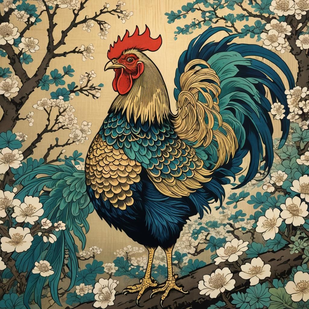 Majestic Rooster in Ukiyo-e Woodblock Print Style