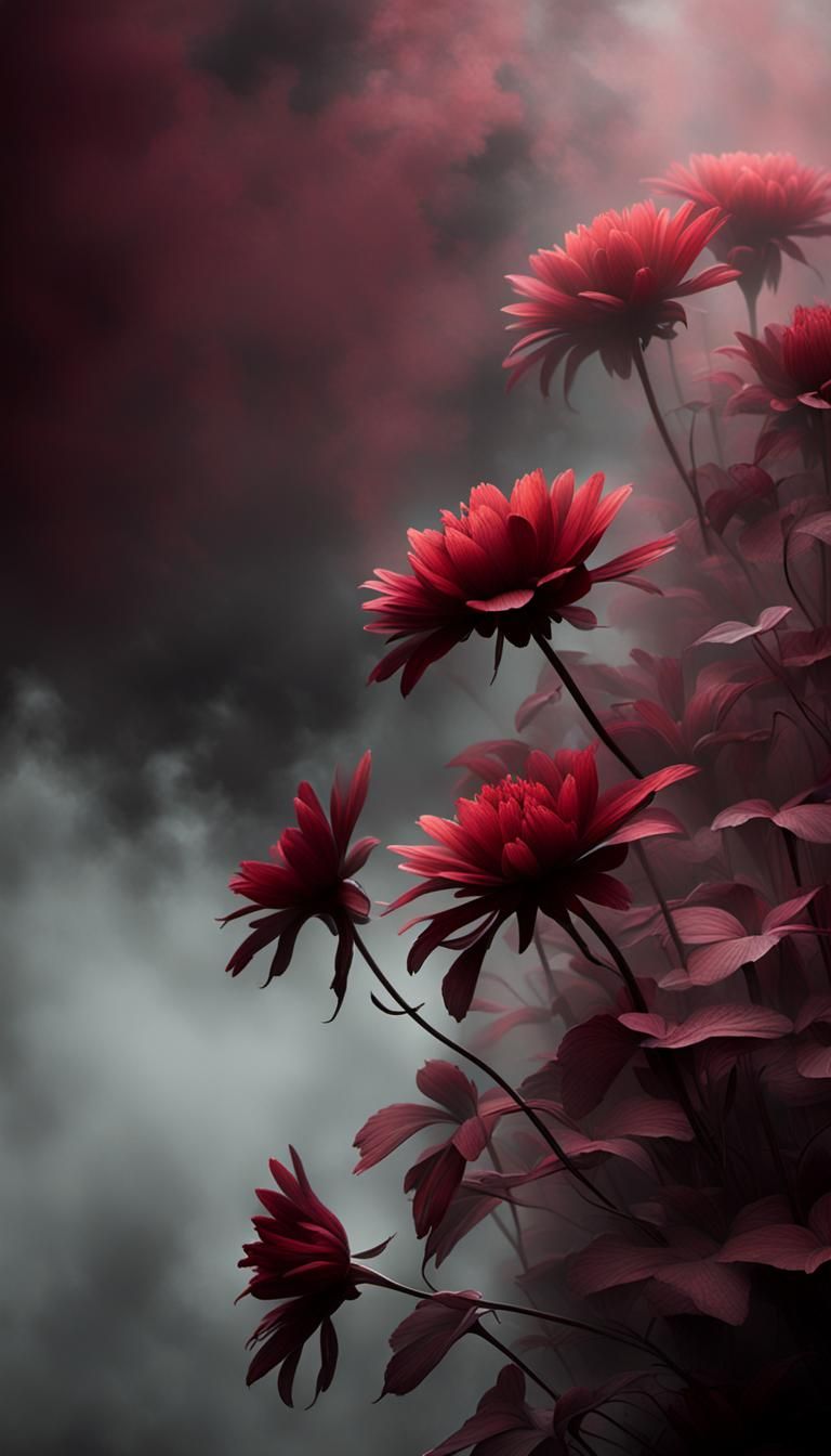 Dramatic Flowers in Sanguine, Misty Light