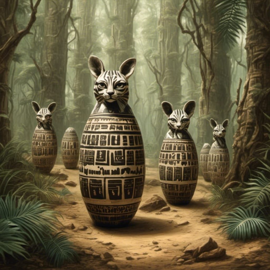 Canopic Jars in Ancient Egyptian Zebrapunk Forest