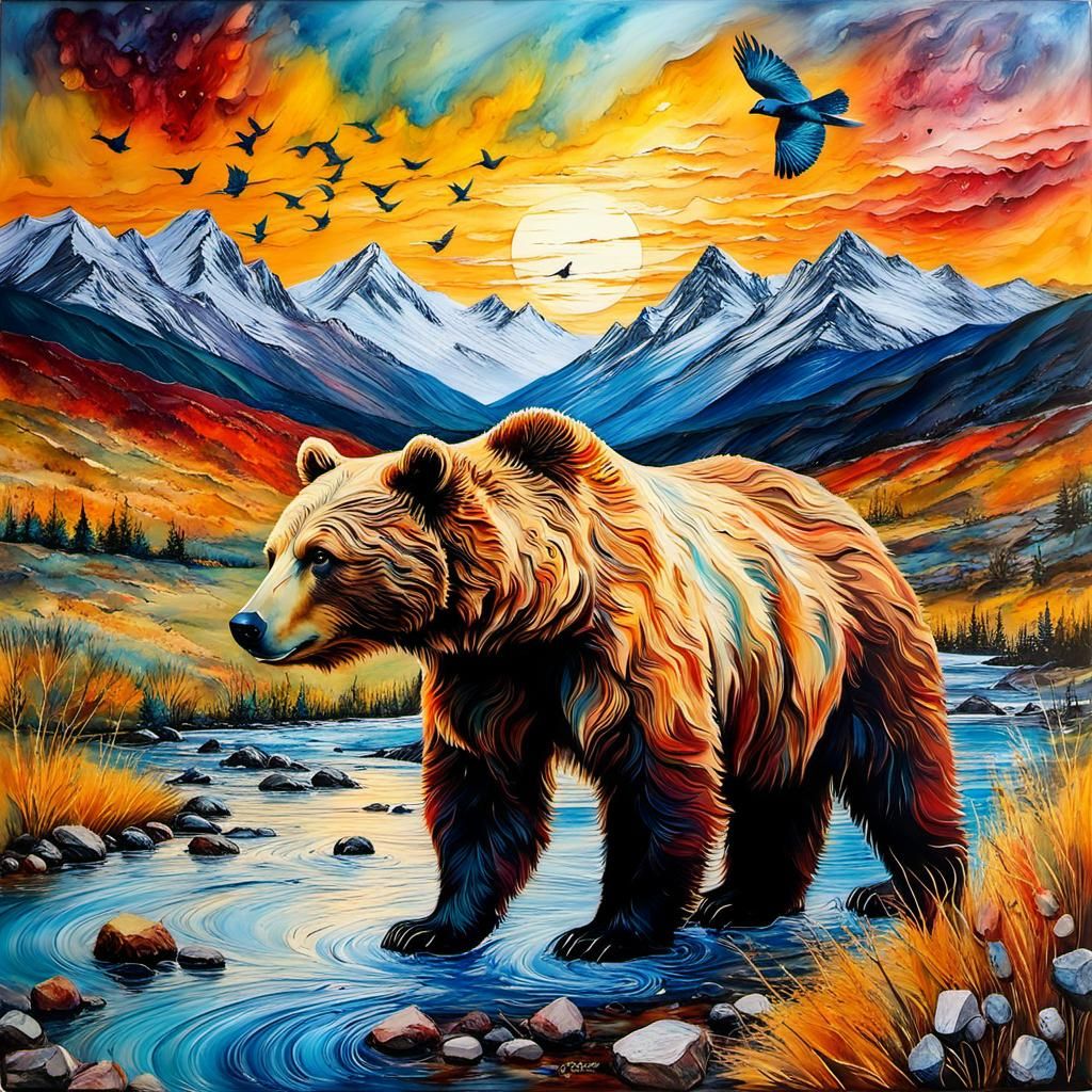 Encaustic Bear Observes Spring Sunrise Landscape