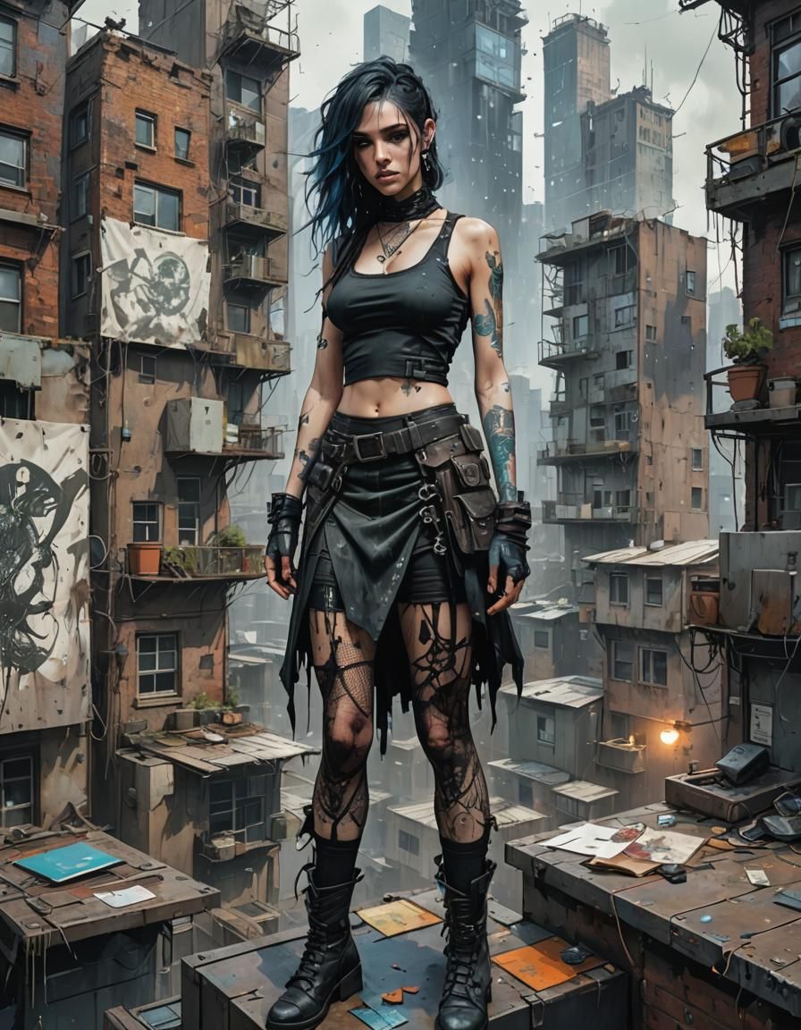 Goth Half Elf in Cyberpunk City Apartment