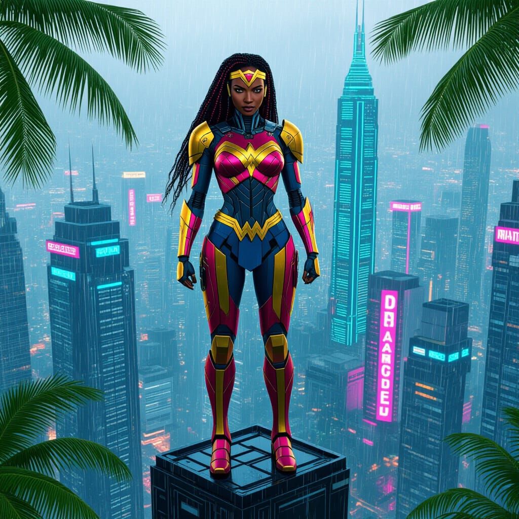 Cyborg Wonder Woman in Tropical Cyberpunk City