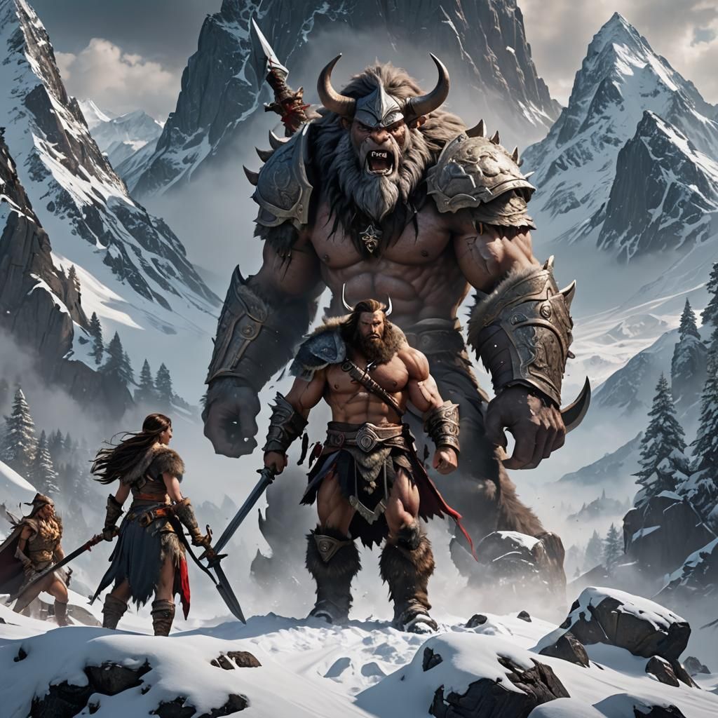 Barbarian Warrior Confronts Gray Giant in Snowy Peaks