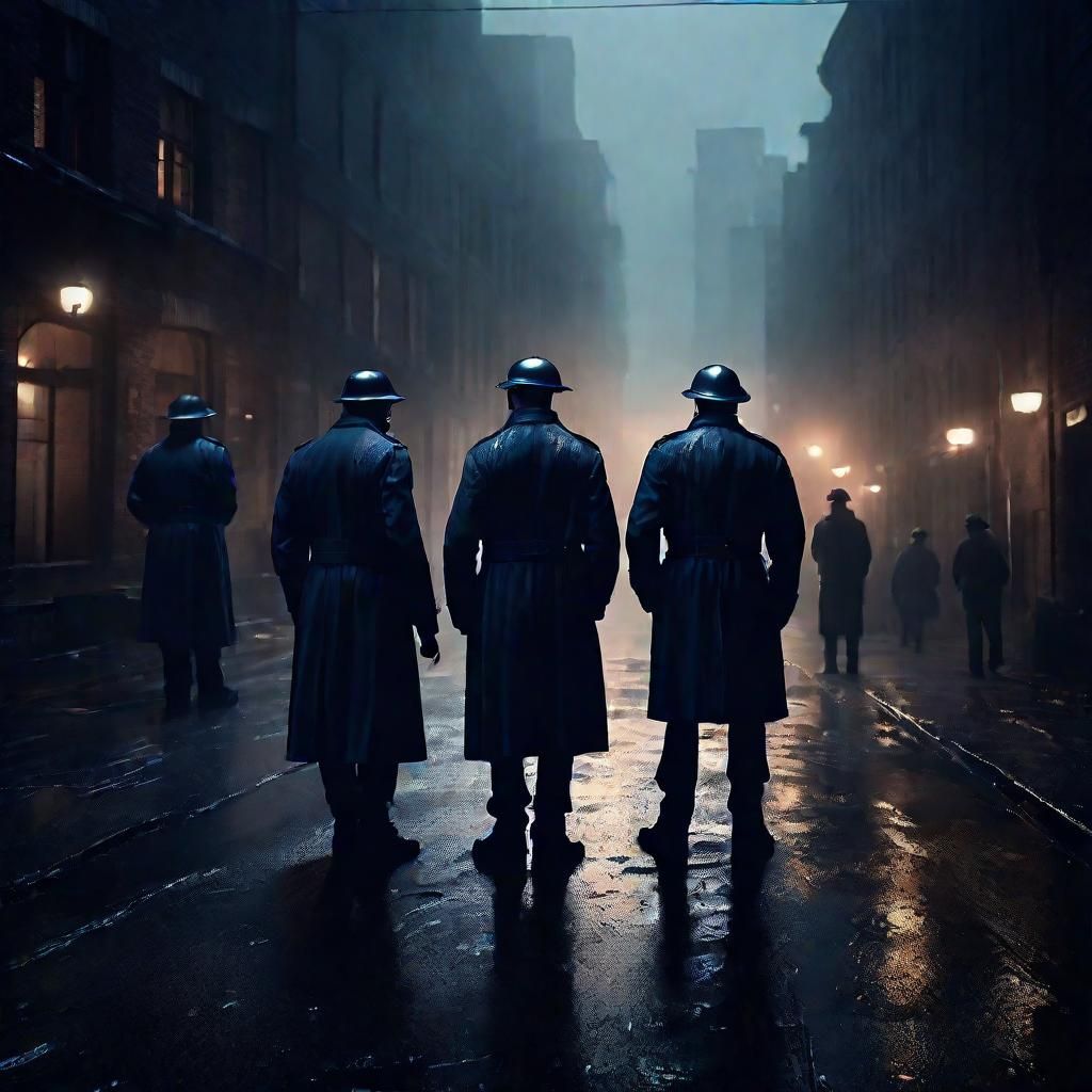 Gritty Noir City Guards Overlook Misty Cityscape