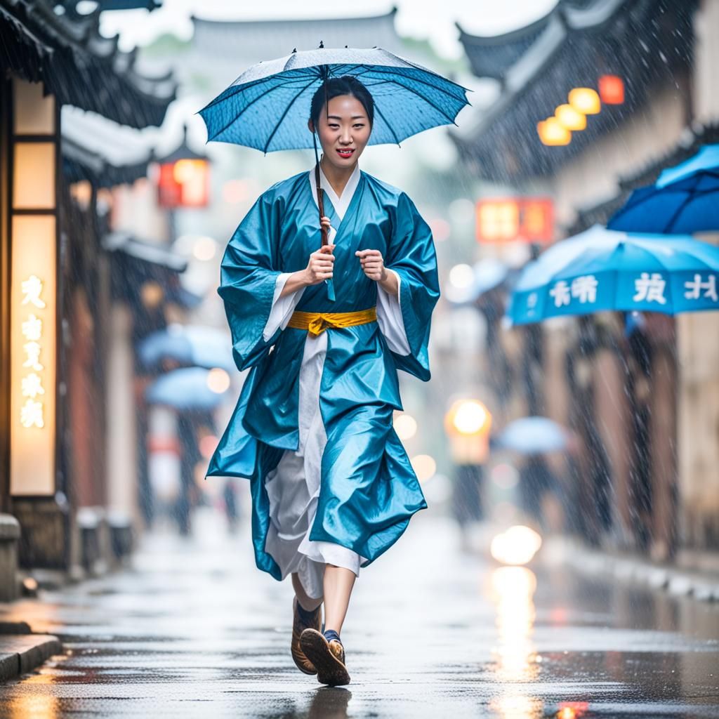 Student in Traditional Clothes Running in Rainy City