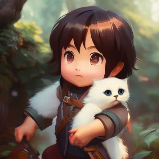 Chibi with Kitten, Studio Ghibli Style