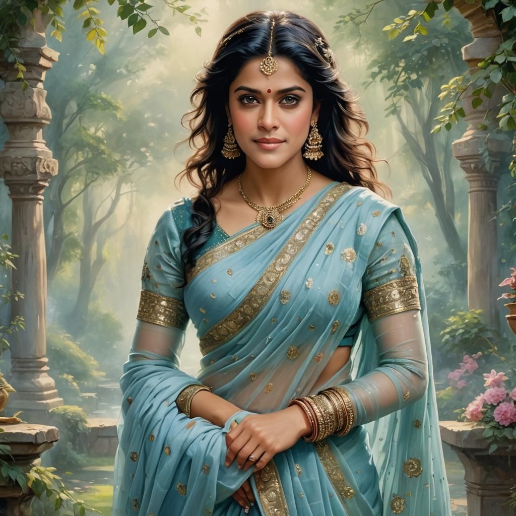 Ethereal Kajol in Light Blue Saree with Green Eyes