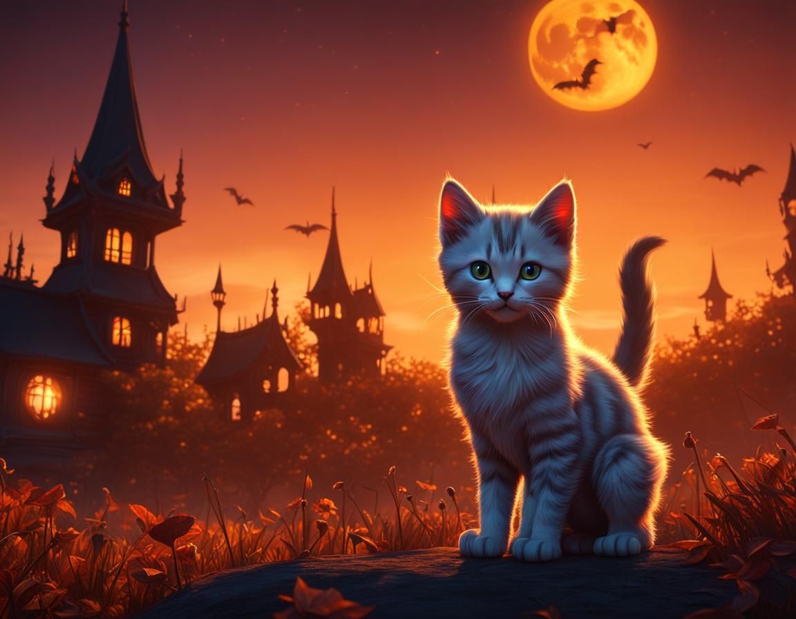 Undead Kittens Growl at Halloween Moon: 8K Concept Art