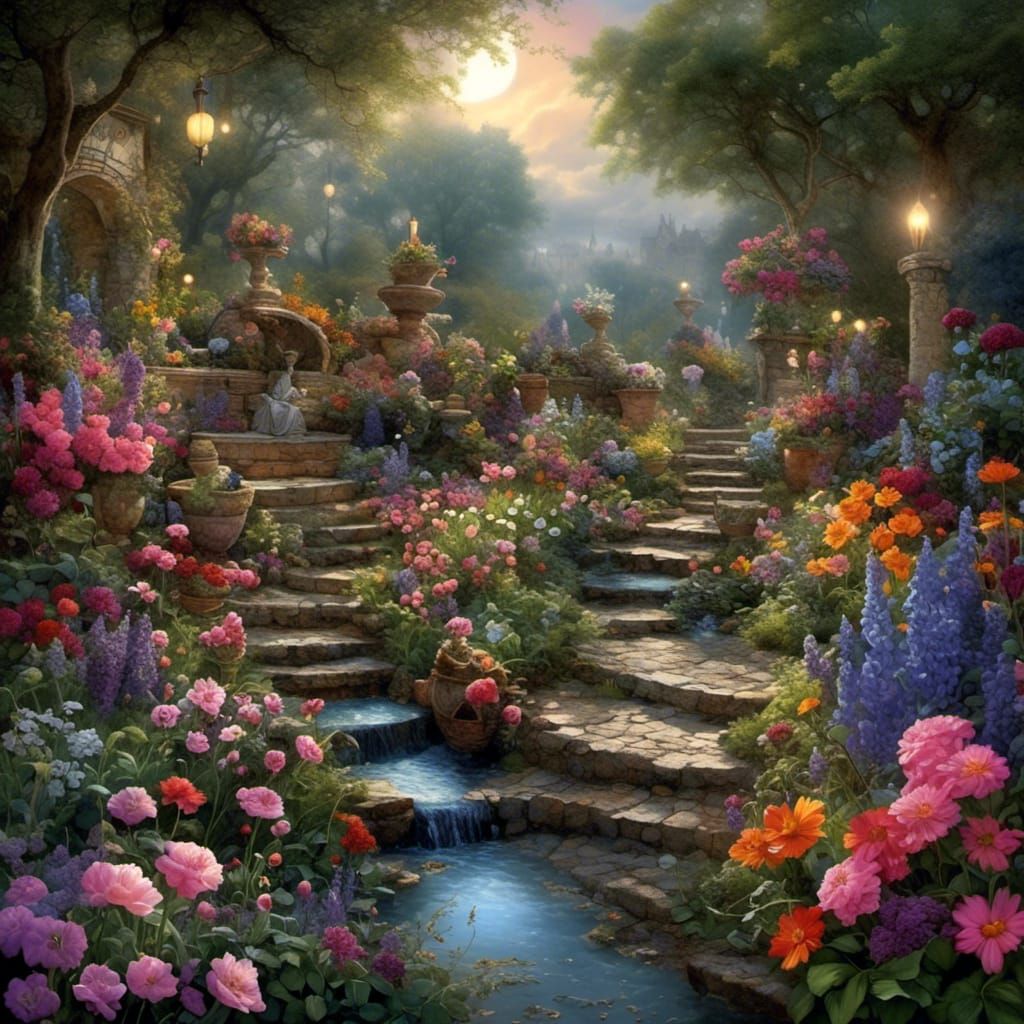 Magical Moonlit English Garden with Colorful Flowers