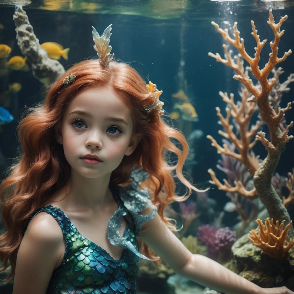 Young Mermaid Swimming in Aquarium Tank