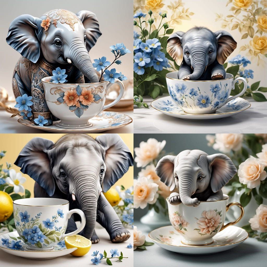 Baby Elephant in Teacup: Charming Porcelain Illustration