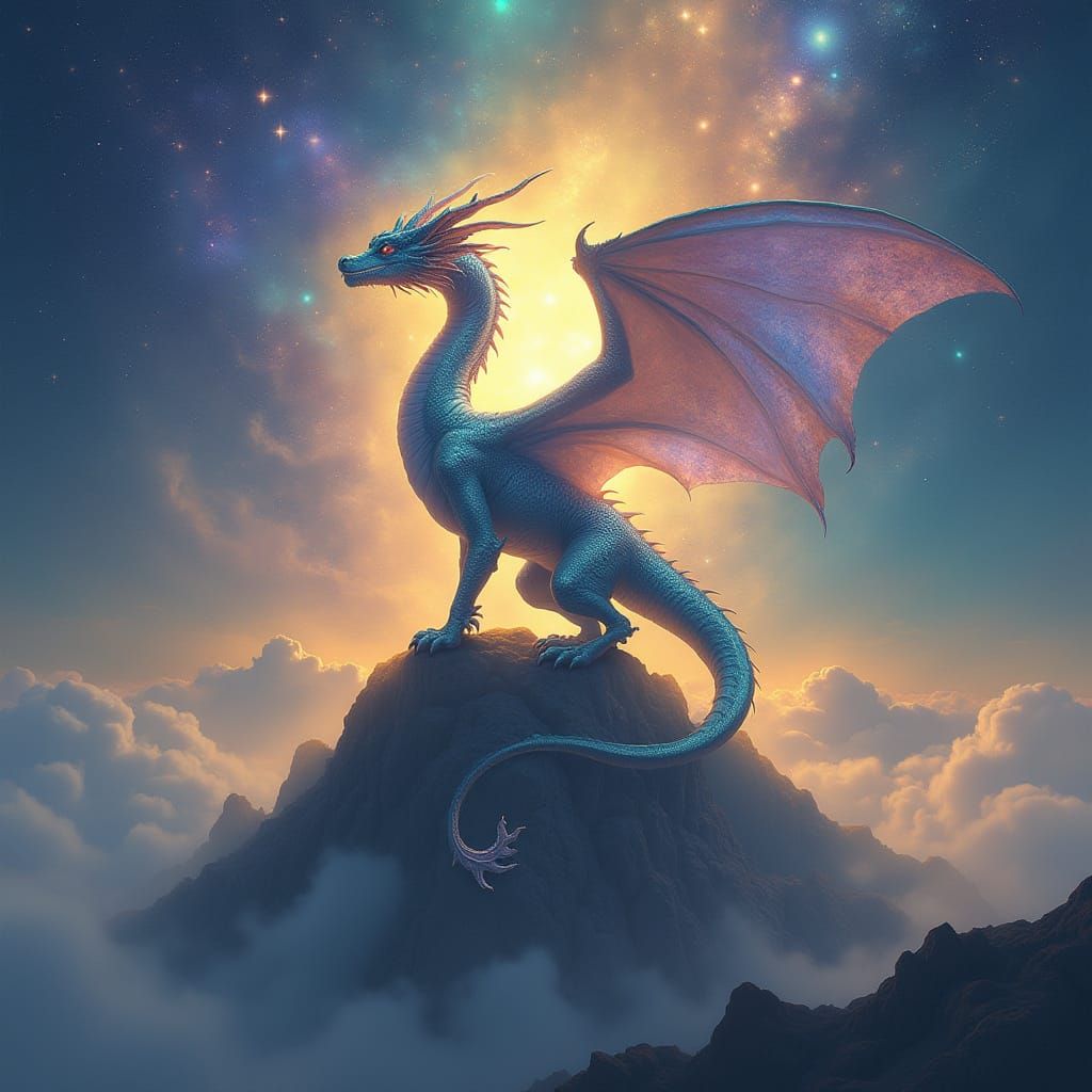 Ethereal Dragon on Misty Mountain Under Starry Sky