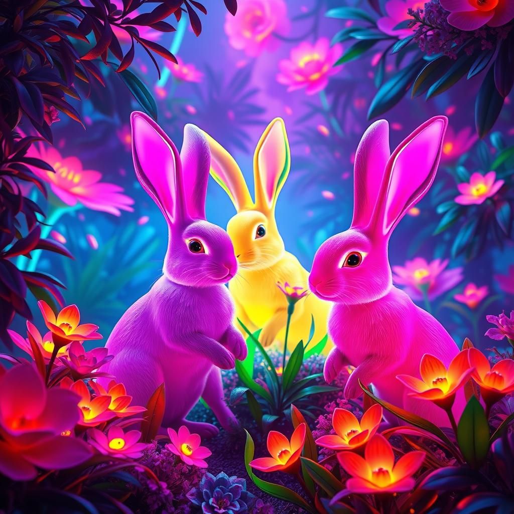 Neon Rabbits in a Glowing Dreamscape