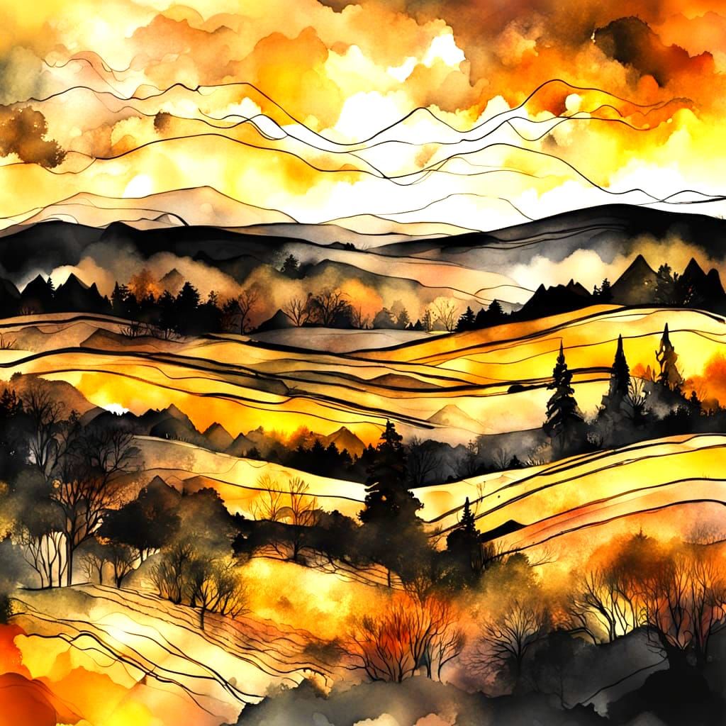 Bold Ink Landscape in Patchwork Style